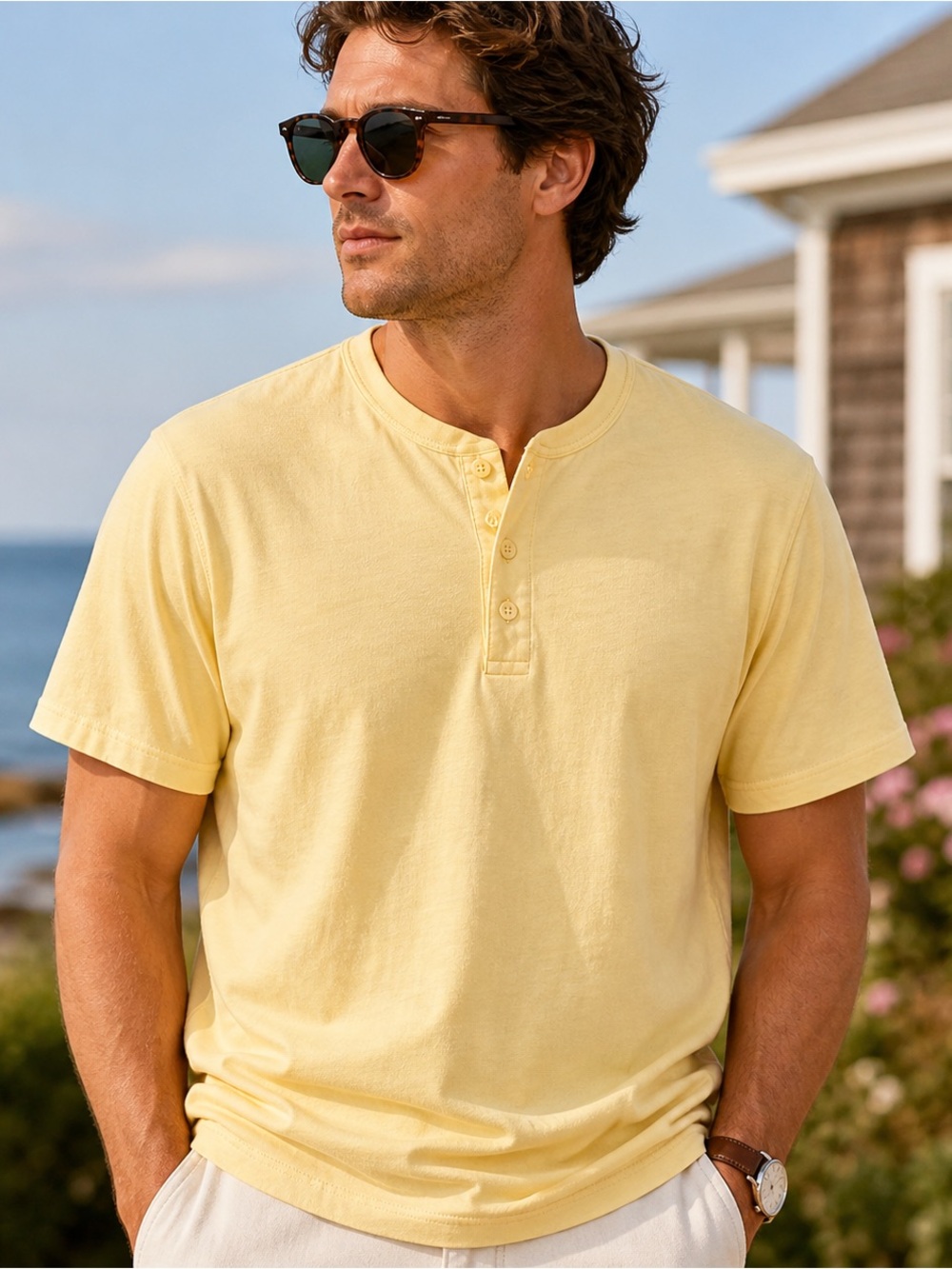 L.L. Bean Butter Yellow Henley XXL Coastal Dad Old Money Tee Soft Cotton Knit